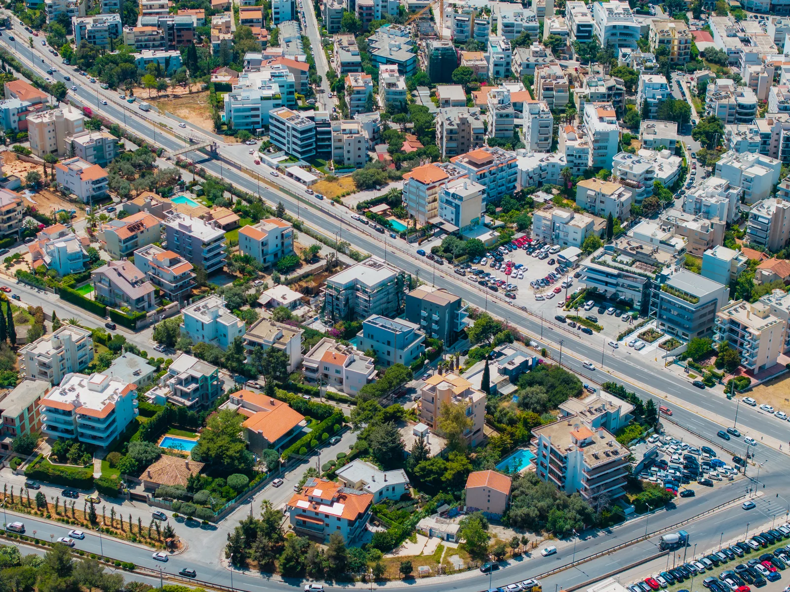 Aerial view of an Athens suburb along a main avenue