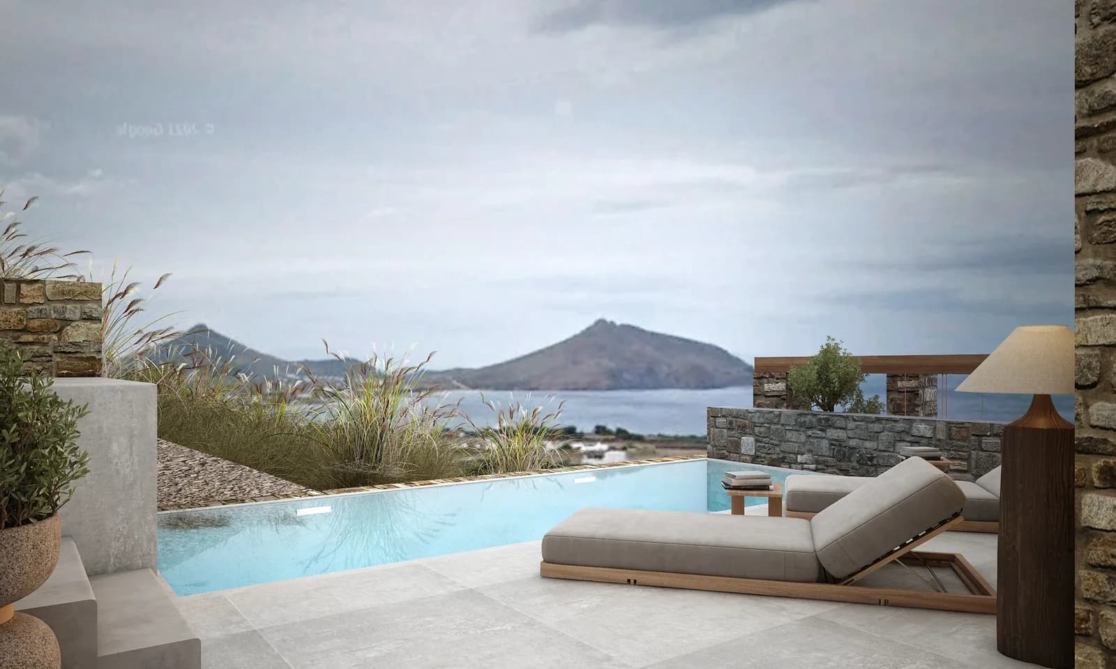 Render of an infinity pool on a villa terrace above Isterni Bay in Paros, looking out to the Aegean